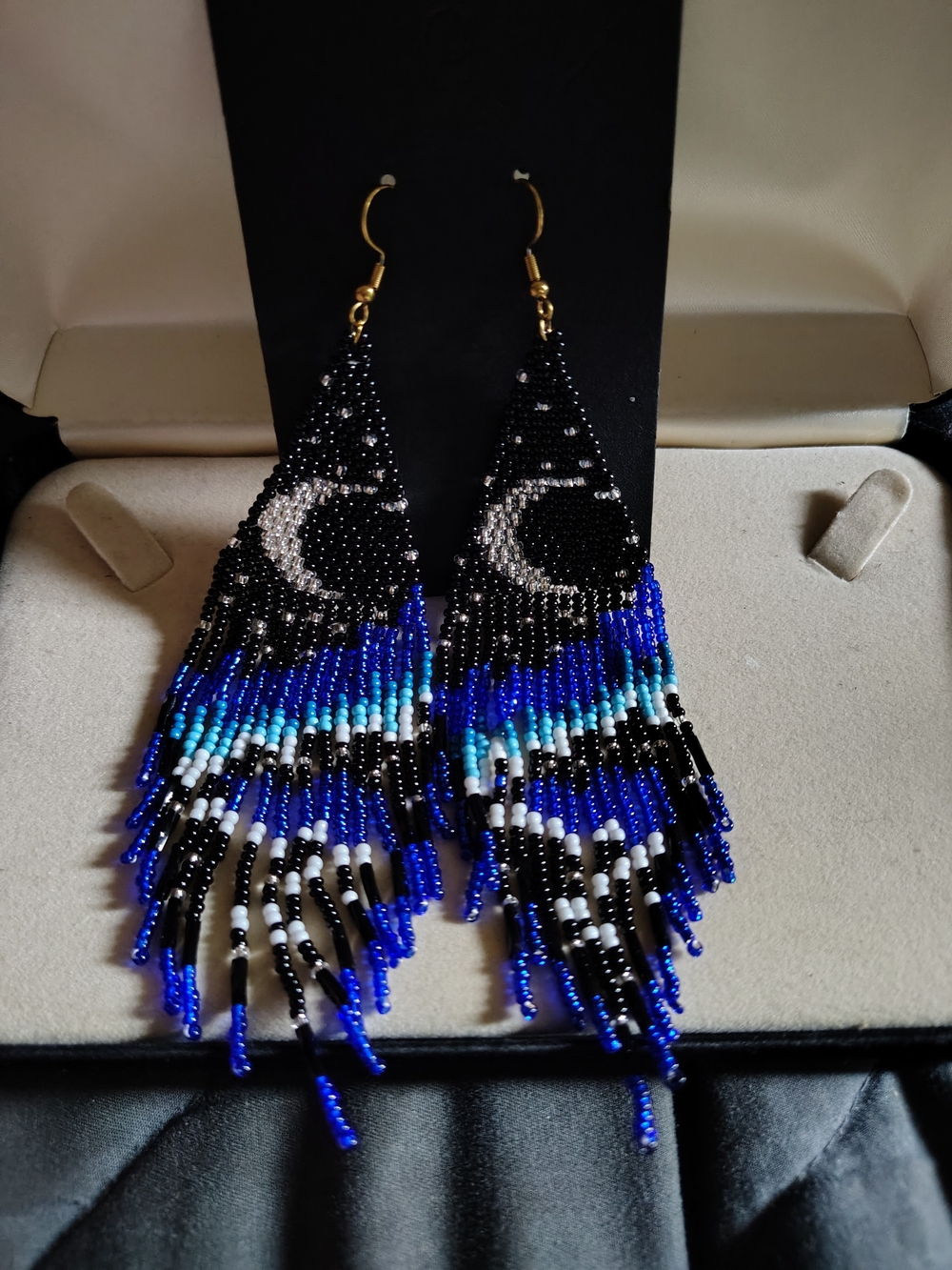 🌙 New Handmade Celestial Night Sky Beaded Fringe Earrings Moon & Stars Blue 🌙